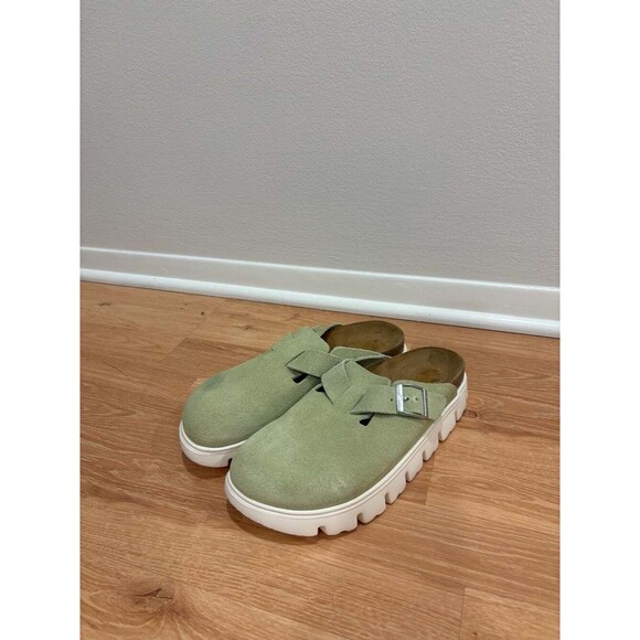 Birkenstock Shoes - Birkenstock Papillio Boston Chunky Platform Suede Clogs in Faded Lime